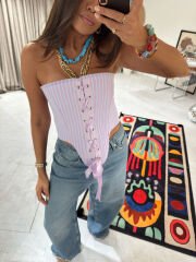 Lila Çizgili Corset Top