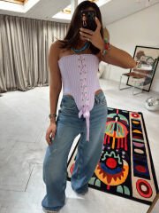 Lila Çizgili Corset Top