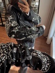 Taş ve zımba detaylı tasarım biker ceket