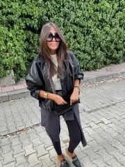 Ekose astarlı deri bomber