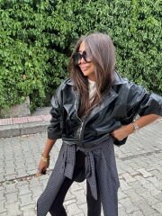 Ekose astarlı deri bomber