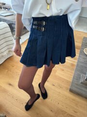 Kemerli pileli kot etek