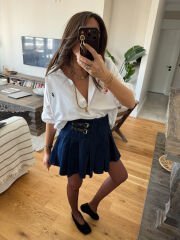 Kemerli pileli kot etek