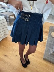 Kemerli pileli kot etek