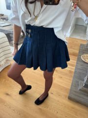 Kemerli pileli kot etek