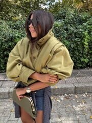 Yağ yeşili kısa trench coat