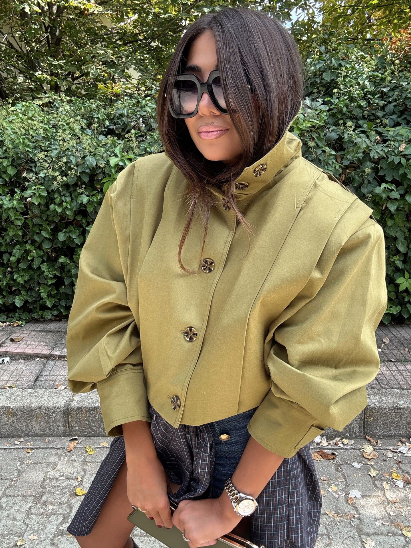 Yağ yeşili kısa trench coat