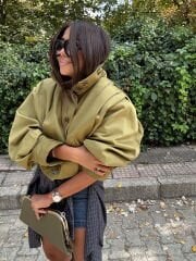 Yağ yeşili kısa trench coat