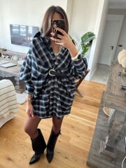 Kemerli ekoseli salaş elbise