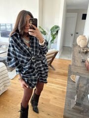 Kemerli ekoseli salaş elbise