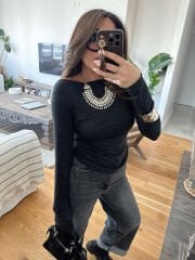 Işıltılı pamuklu kayık yaka basic