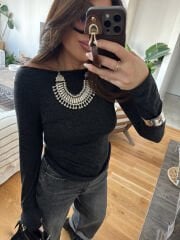 Işıltılı pamuklu kayık yaka basic