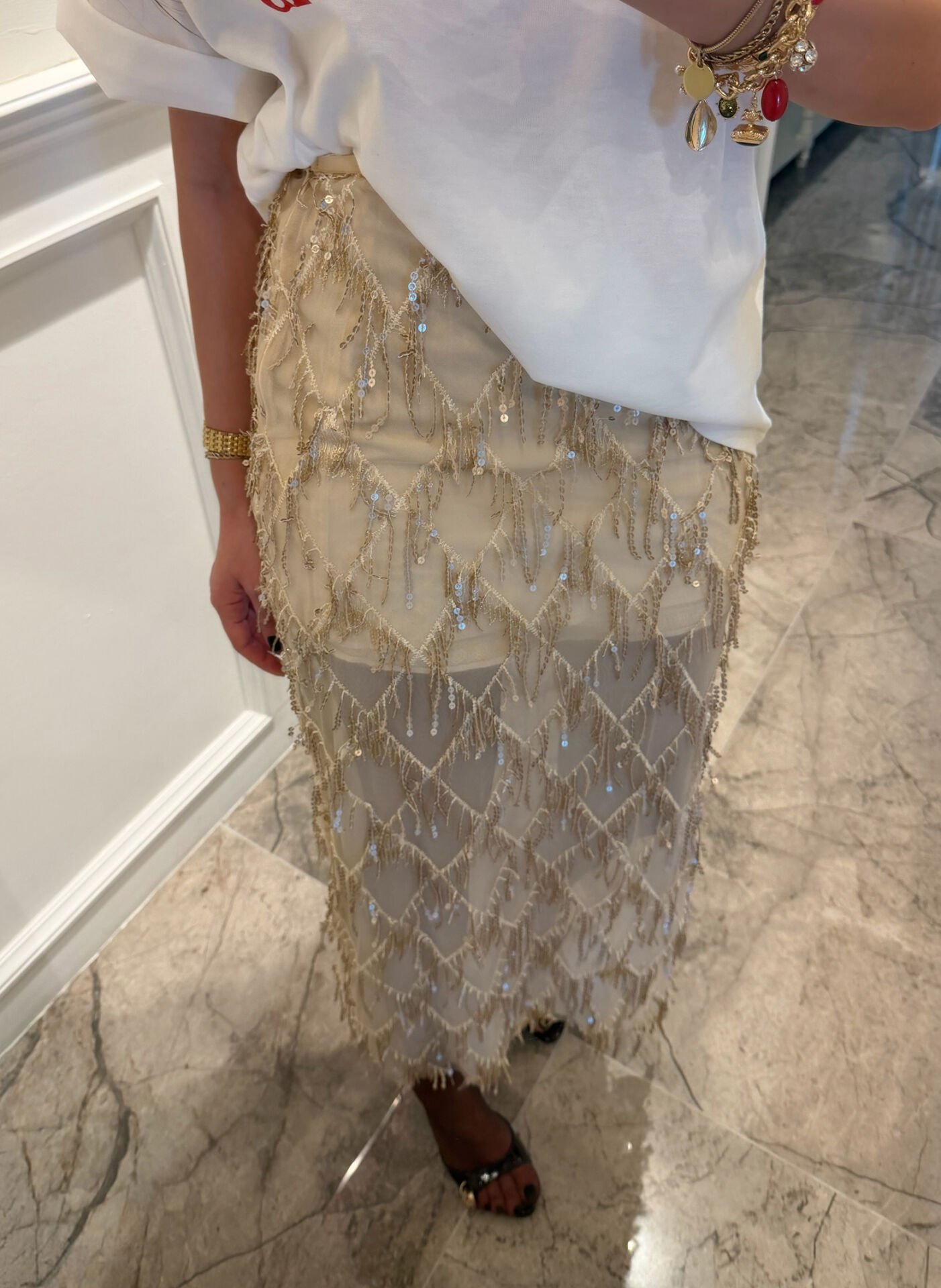 İthal payetli transparan etek