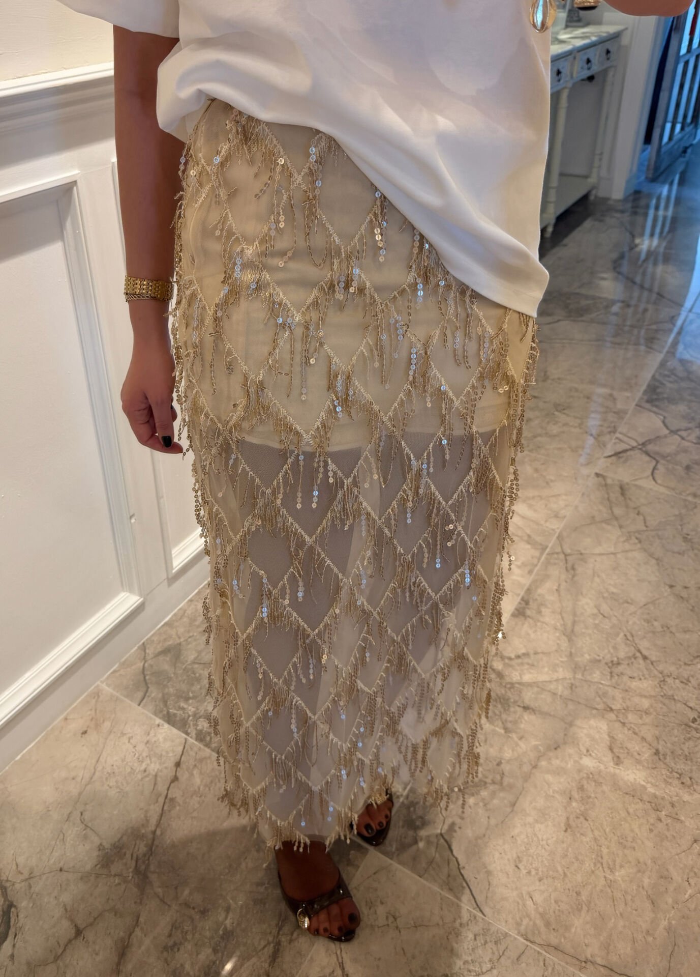 İthal payetli transparan etek