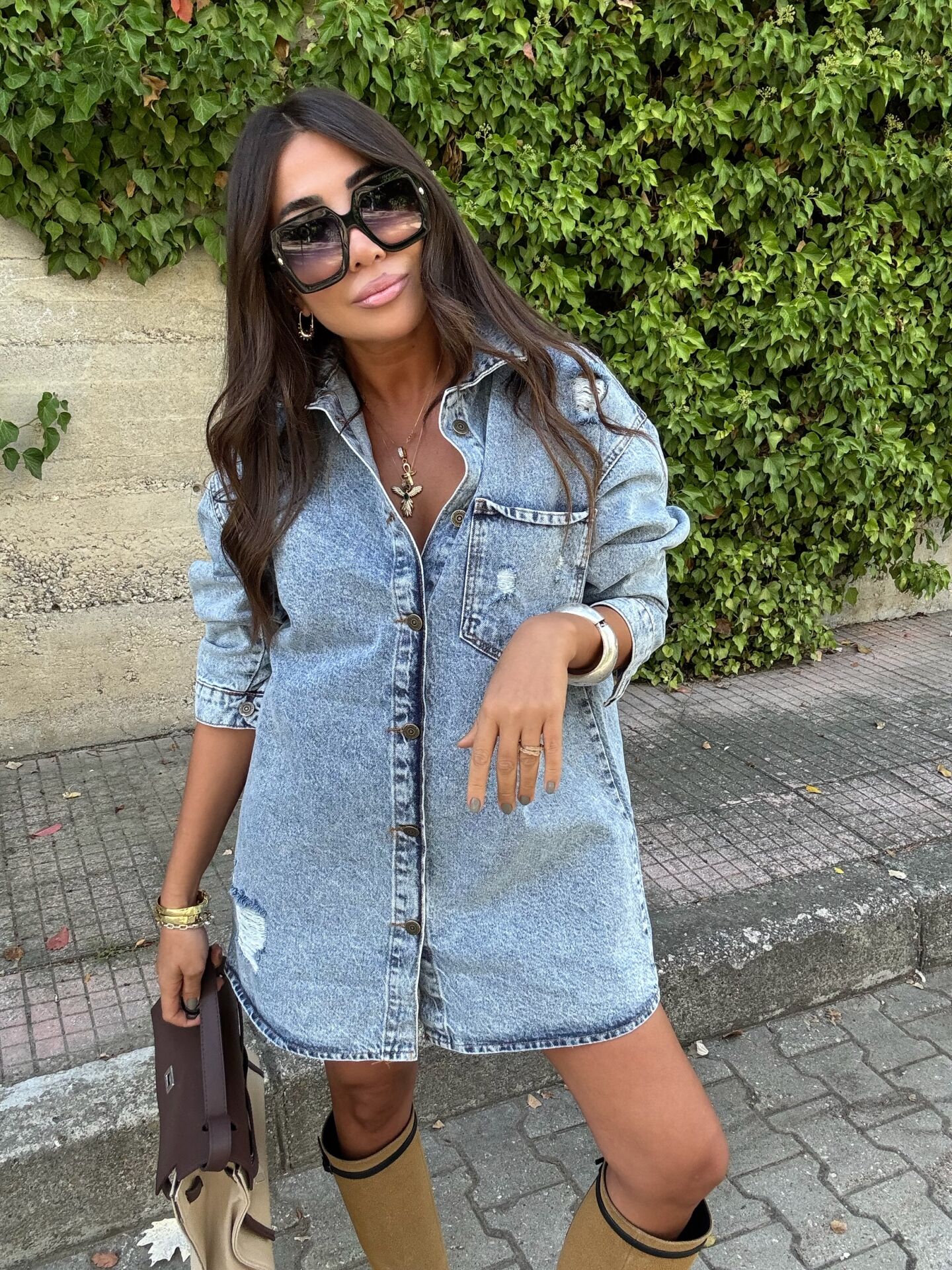 Arkası baskılı eskitme kot gömlek elbise