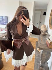 İthal Dantelli Kelebek Yaka Ceket Elbise