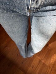 Pırıltılı mini taşlı kesik paça jean