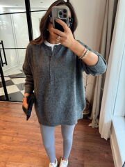 Bisiklet yaka düğmeli soft gri triko