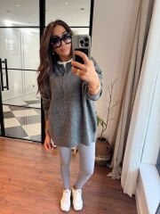 Bisiklet yaka düğmeli soft gri triko