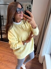 Bisiklet yaka düğmeli soft sarı triko