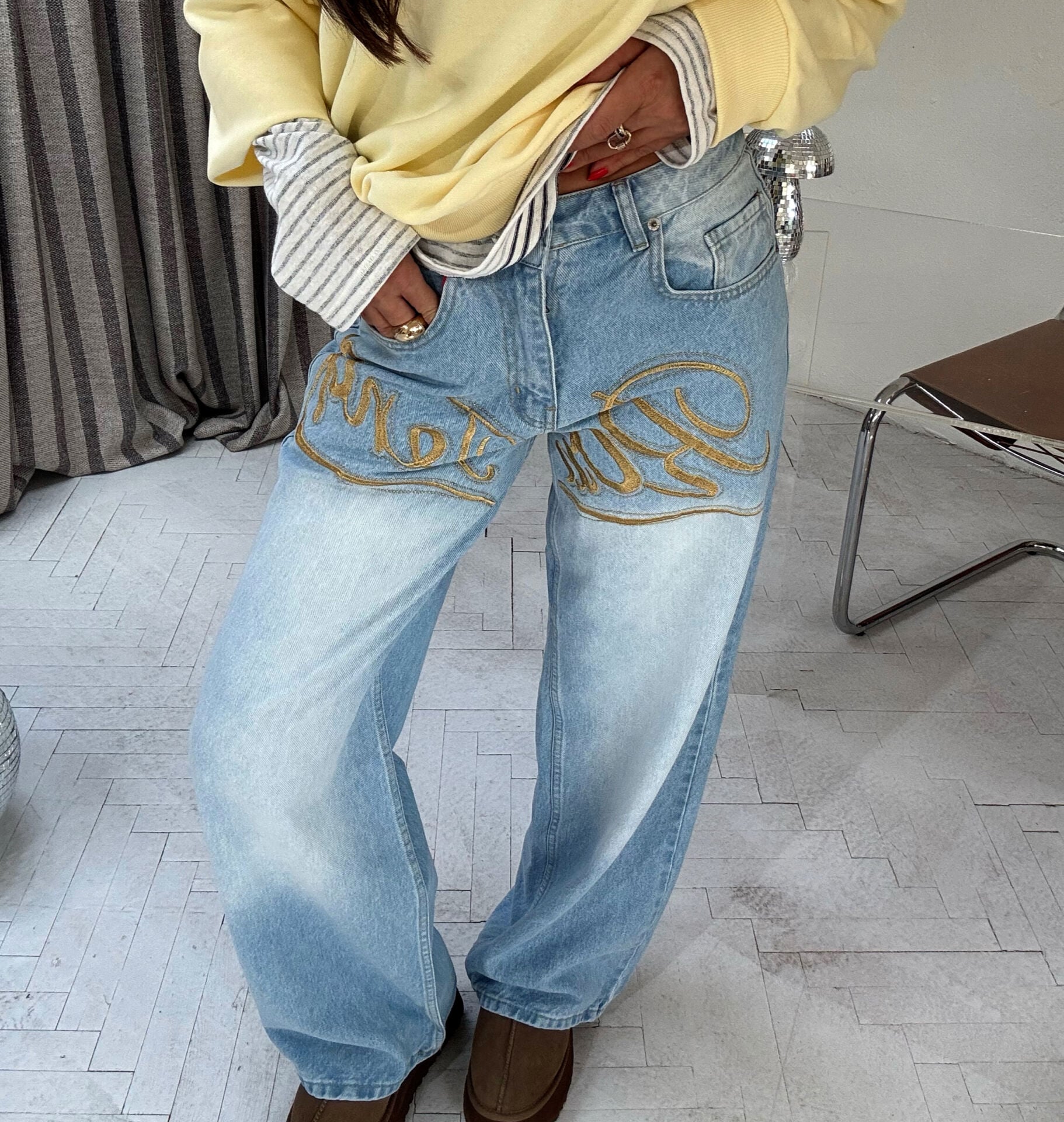 RUN& TENG İŞLEMELİ BAGGY ESKİTME JEAN