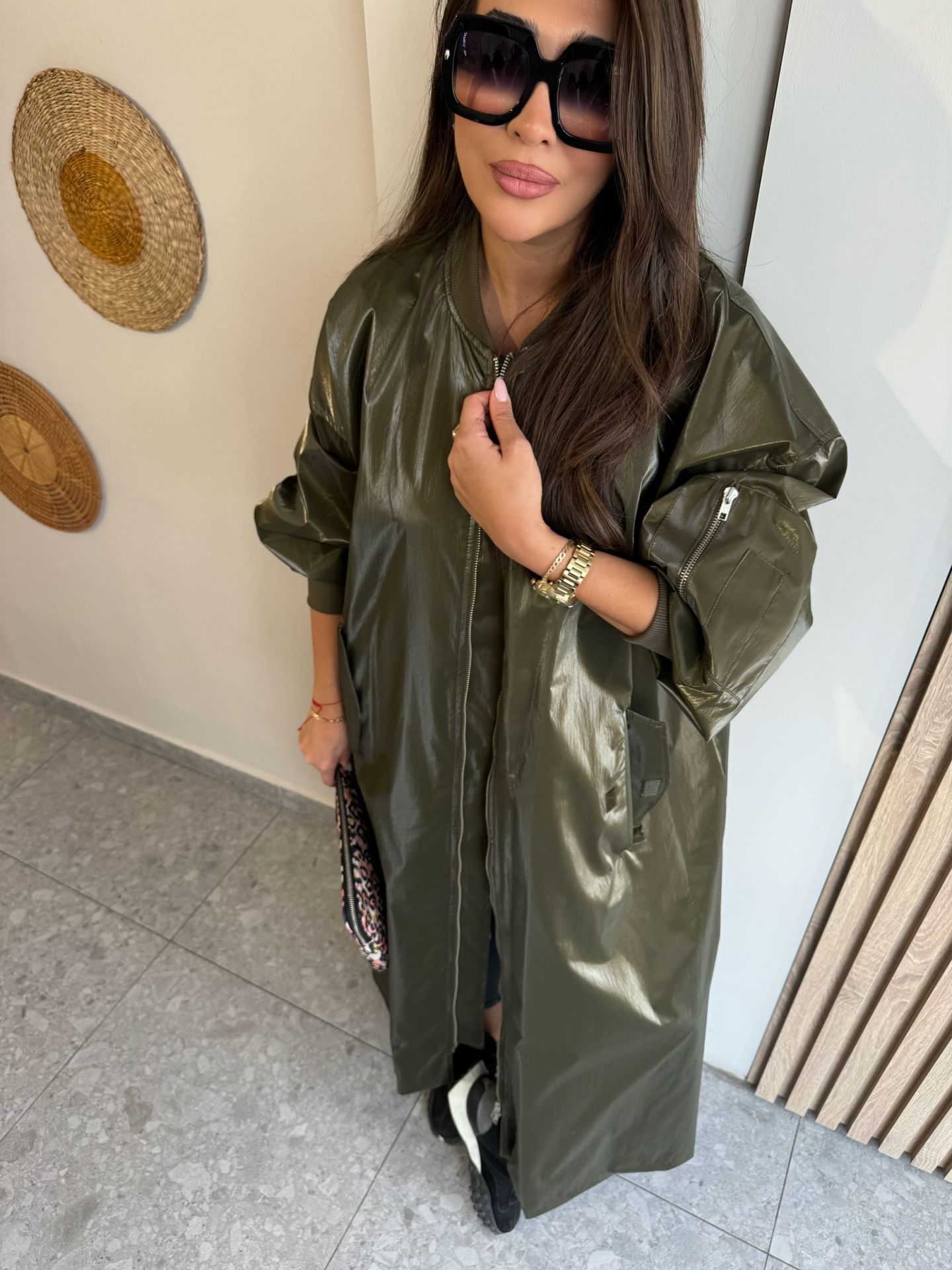 Deri görünümlü maxi bomber trench