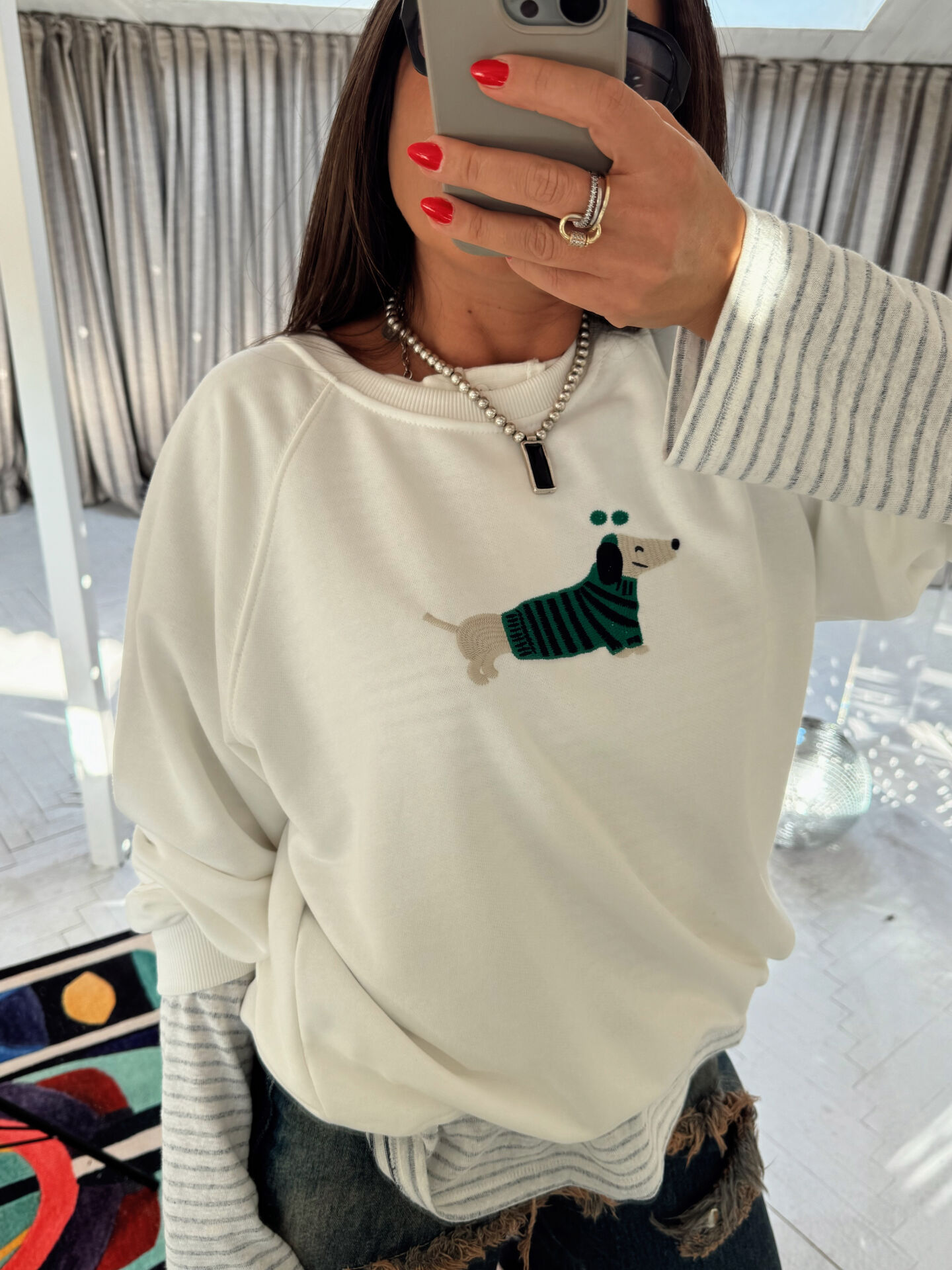 İŞLEMELİ %100 PAMUK HORSES SWEAT EKRU