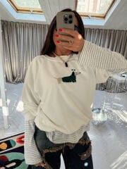 İŞLEMELİ %100 PAMUK HORSES SWEAT EKRU