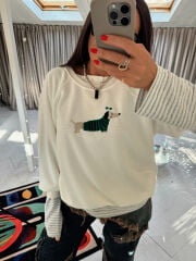İŞLEMELİ %100 PAMUK HORSES SWEAT EKRU