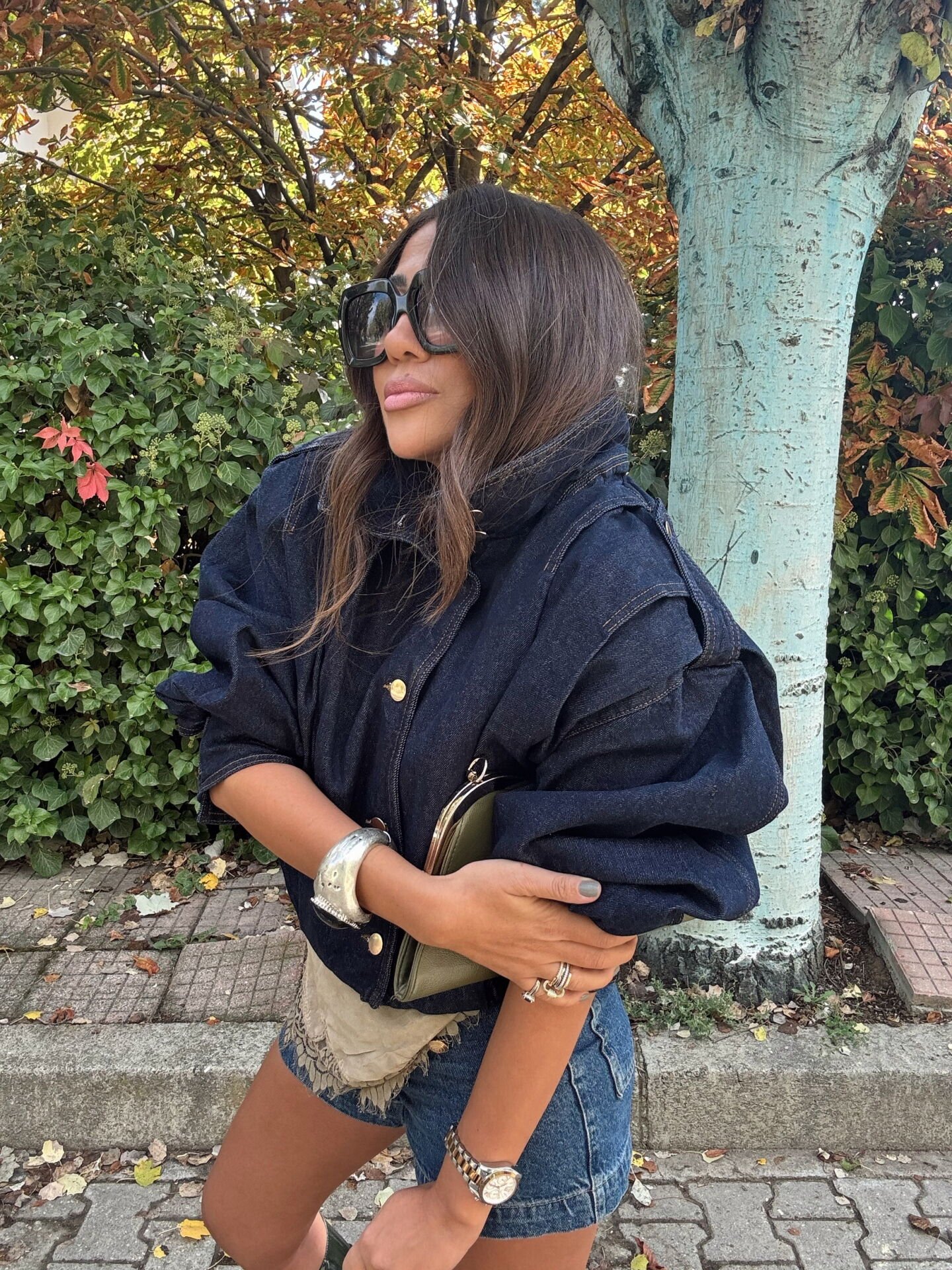 Koyu Laci Kısa Denim Trench