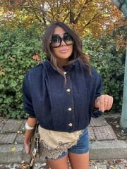 Koyu Laci Kısa Denim Trench