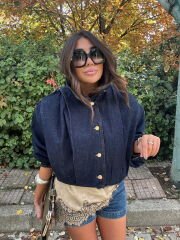 Koyu Laci Kısa Denim Trench