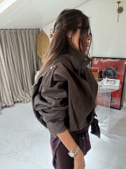 KAHVE DENIM KISA TRENCH COAT