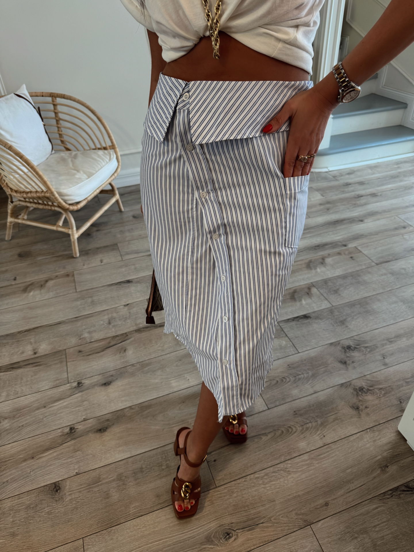 Tasarım gömlek kesim çizgili etek