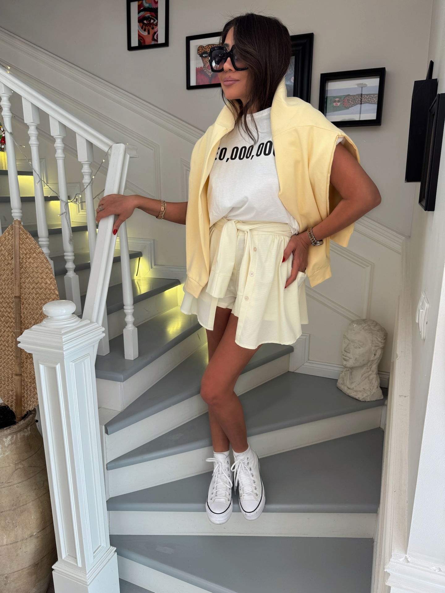 Limon sarı tasarım kollu şort etek