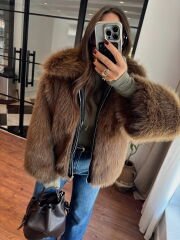 Premium deri geçişli acı kahve kürk