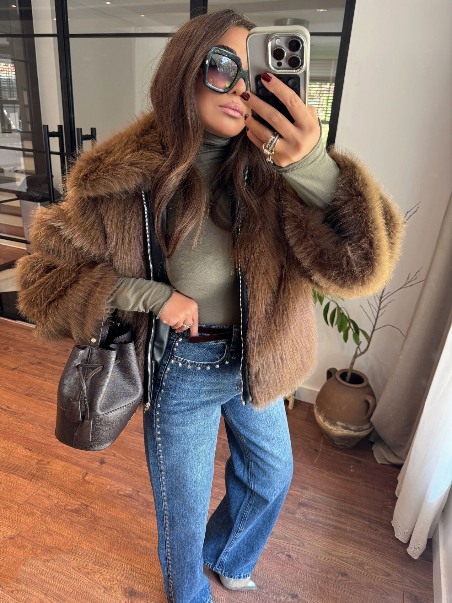 Premium deri geçişli acı kahve kürk