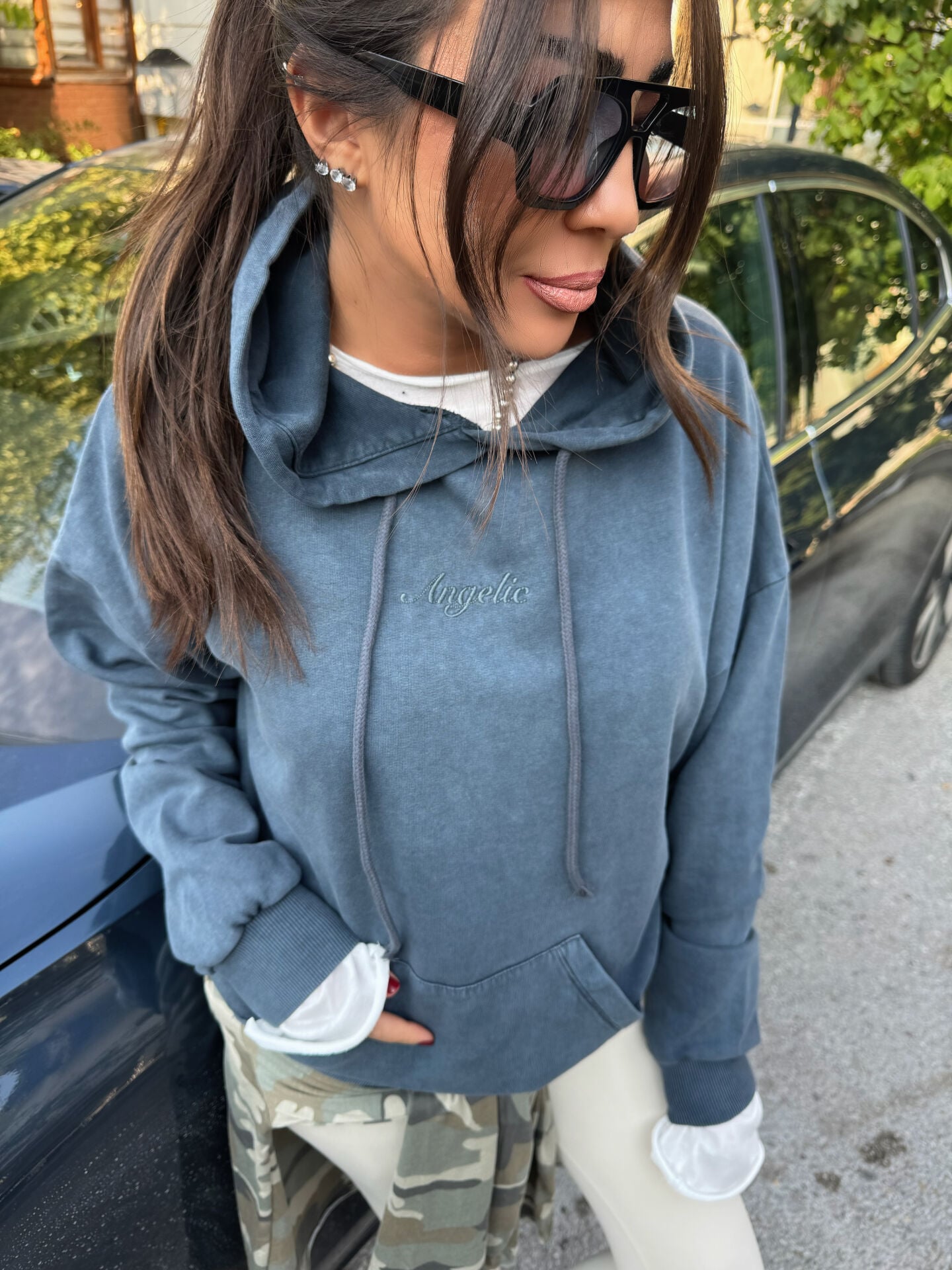 ANGEL LACİVERT YIKAMALI KAPÜŞONLU SWEAT