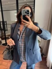 Premium poliviskon ince çizgili lacivert ceket