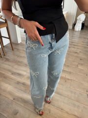 Fiyonk inci taşlı tasarım jean