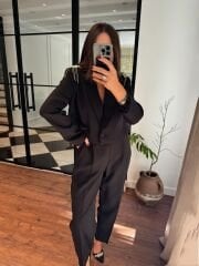 Apoletleri pırlanta aksesuarlı crop ceket& pantolon takım