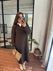 ZRA yünlü triko elbise acı kahve