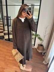 ZRA yünlü triko elbise acı kahve