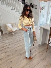 Beli dantel işlemeli buz mavi jean