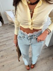 Beli dantel işlemeli buz mavi jean