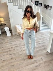 Beli dantel işlemeli buz mavi jean