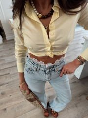 Beli dantel işlemeli buz mavi jean