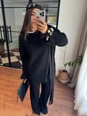 Şallı triko takım 3’lü set siyah