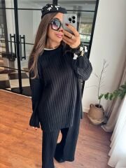 Şallı triko takım 3’lü set siyah