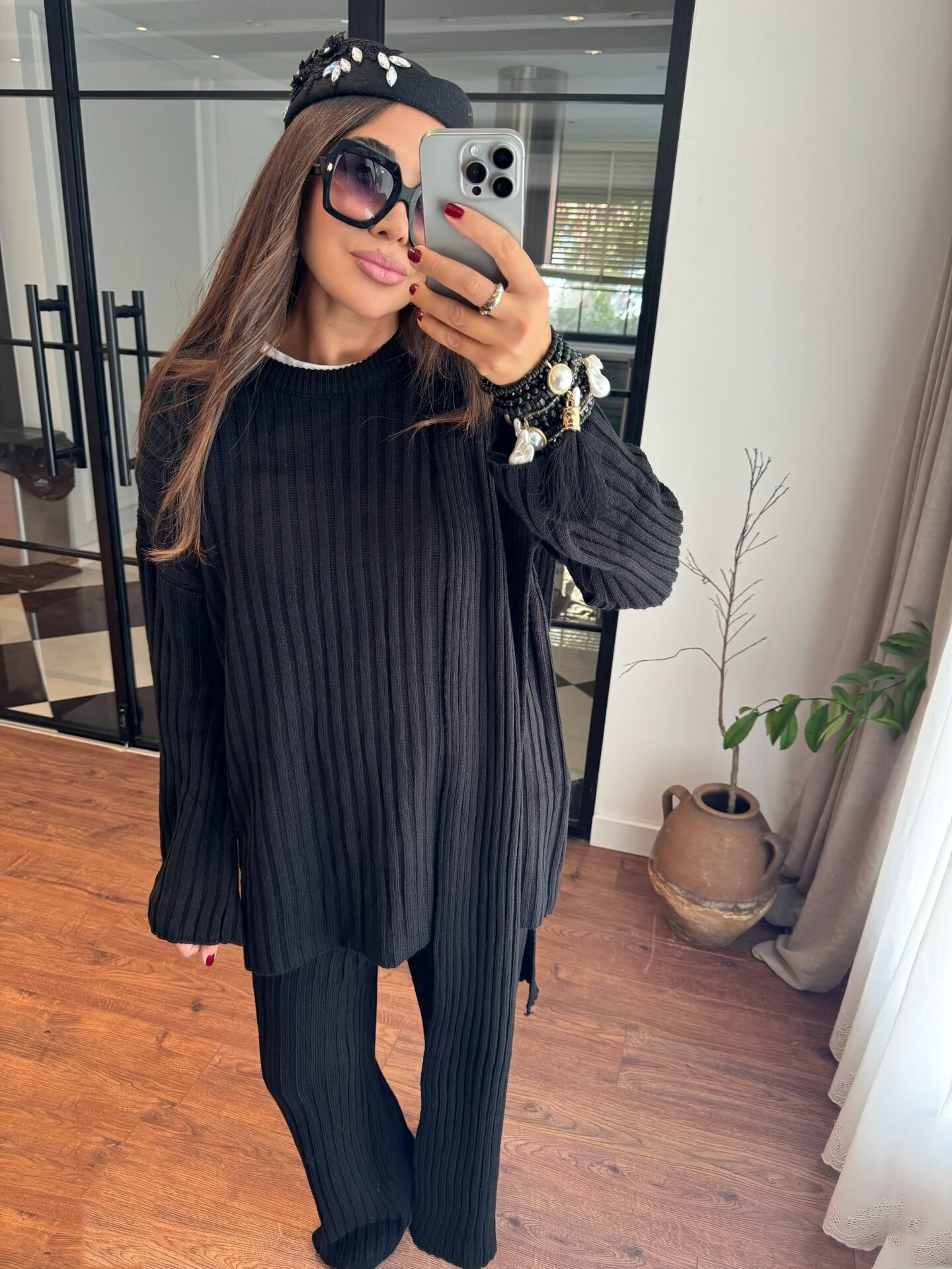 Şallı triko takım 3’lü set siyah